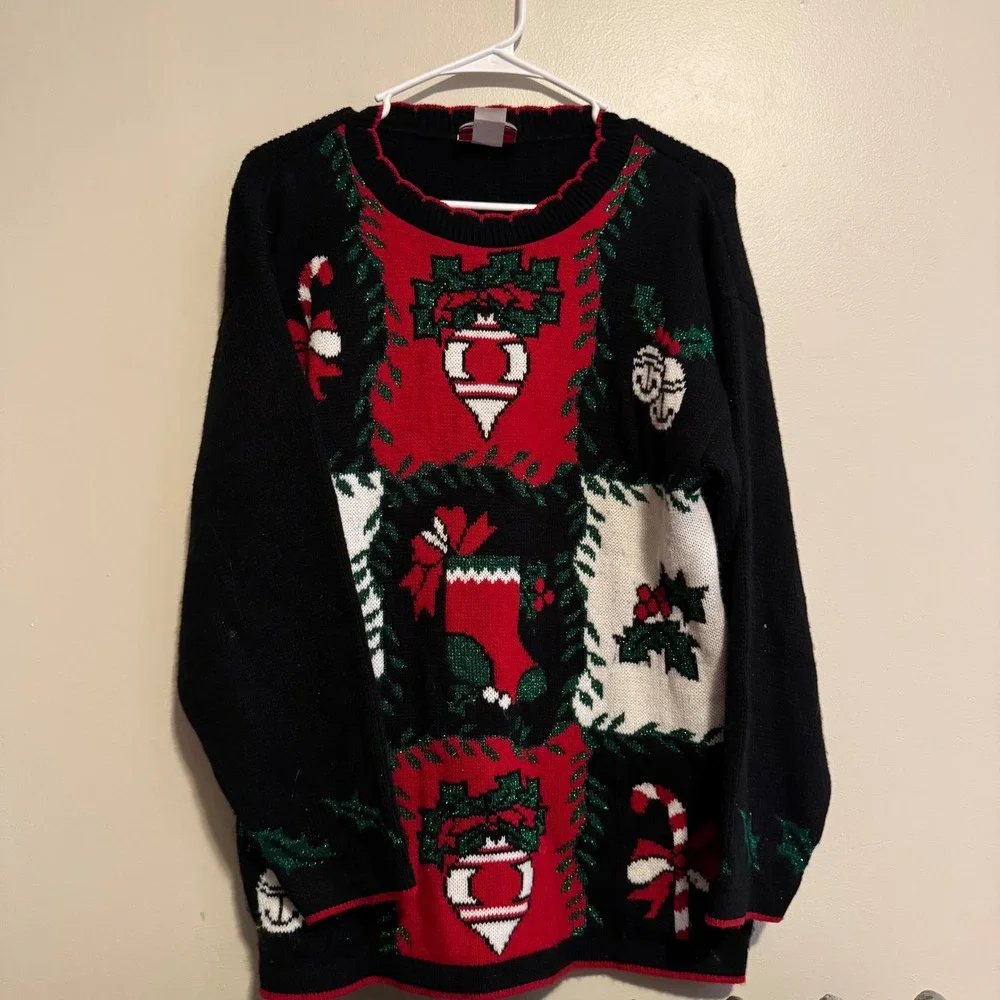 VTG JJ Poole Ugly Christmas 100% Acrylic Sweater Holiday Ornaments Candy Cane S - Picture 1 of 3